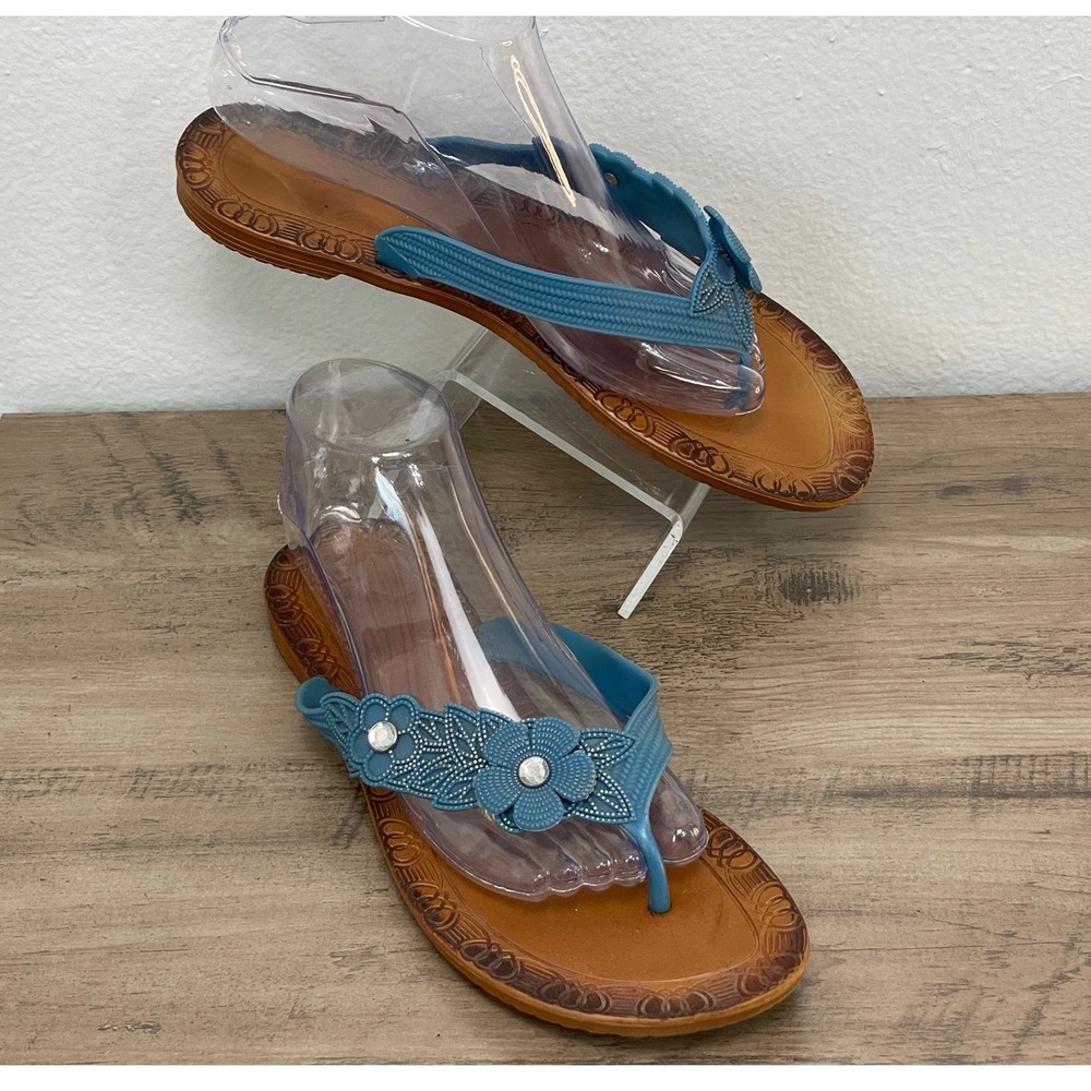 Capelli Flip Flop Sandals Floral Rhinestone 10 Blue Embellished‎ Thong Beach